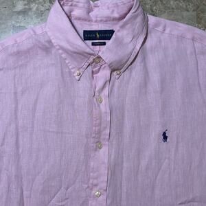 Polo Ralph Lauren Shirt Mens 2XL Pink Short Sleeve 100% Linen Button Beach